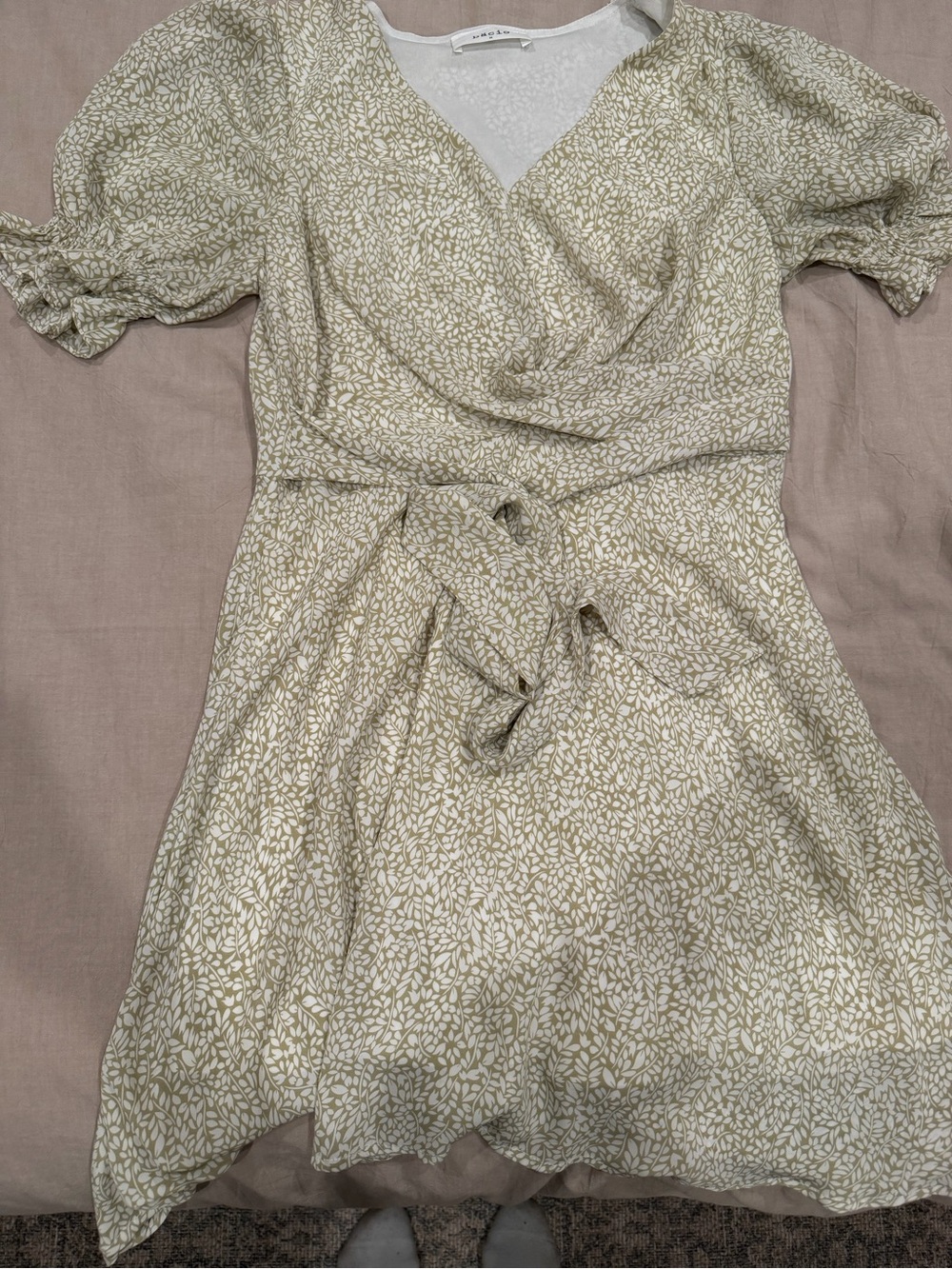 Light Sage Floral Wrap Mini Dress with Tie Waist